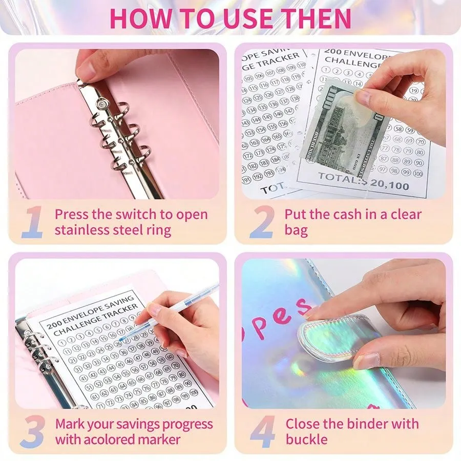 1pc 100EnvelopeChallenge Loose-Leaf Book 200-Day Money Saving Challenge Cash Envelope Savings Book