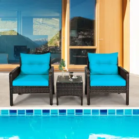 3 Pcs Outdoor Patio Rattan Conversation Set with Seat Cushions-Turquoise