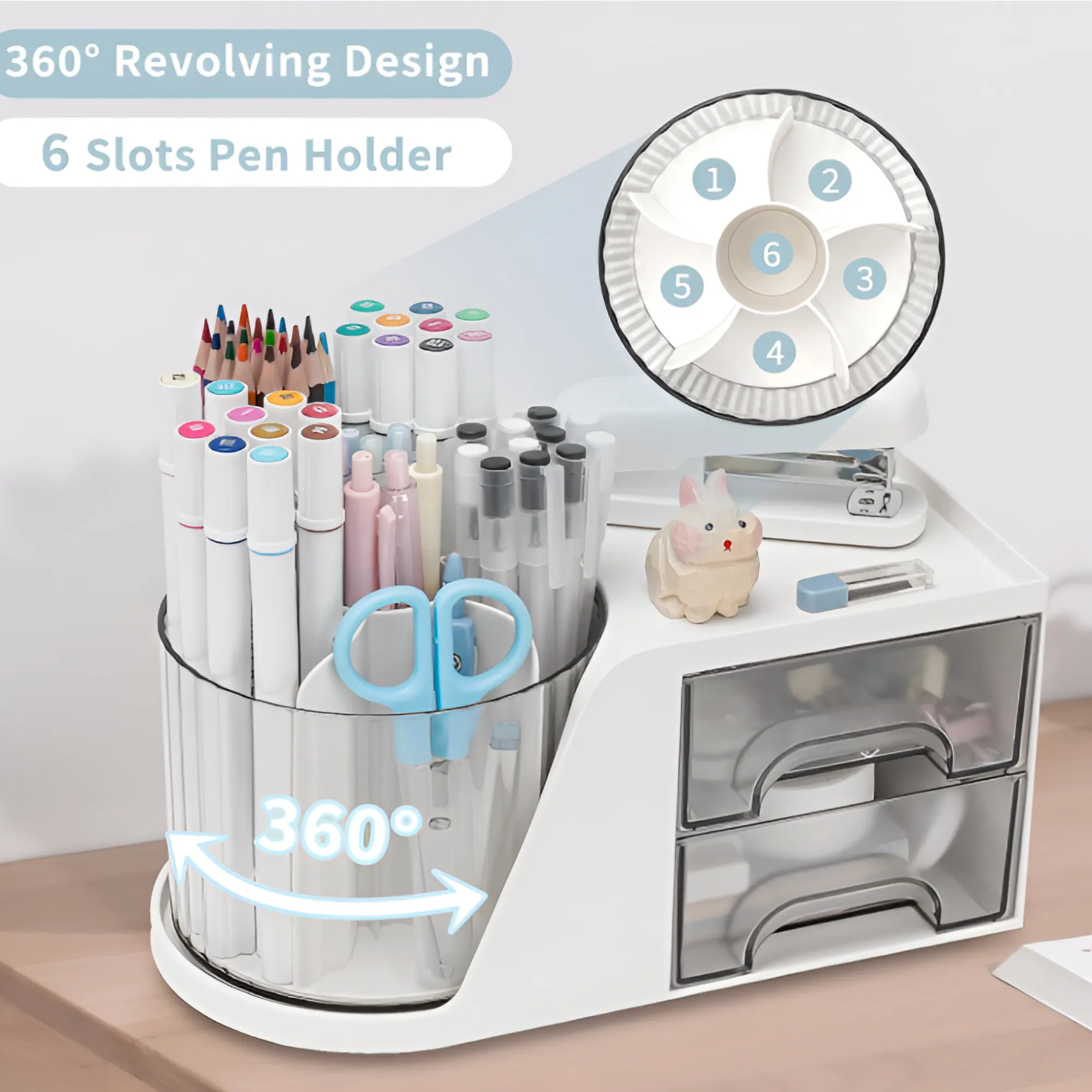 360 Degree Rotating Desk Organizer With Two Drawers Ra-112