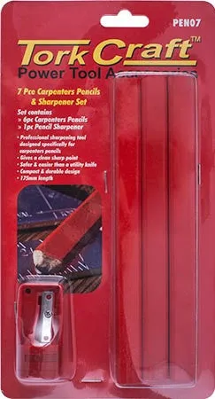 7PC TORK CRAFT CARPENTERS PENCIL SET 6 X PENCIL 1 X SHARPENER