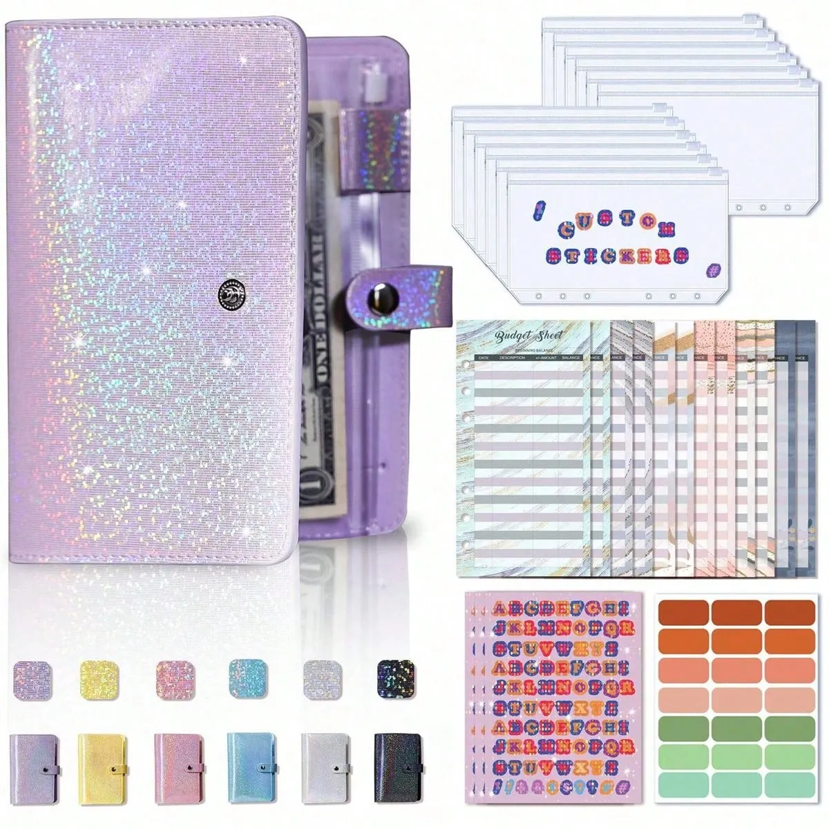 A6 Budget Binder Notebook Cash Envelopes Set With Binder Pockets For Money Budget Saving Bill Organizer Envelope Wallet Budgeting Black/Purple/Pink/Blue Binder Cover