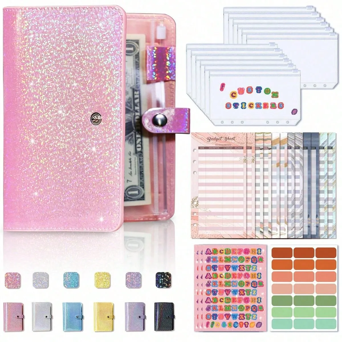 A6 Budget Binder Notebook Cash Envelopes Set With Binder Pockets For Money Budget Saving Bill Organizer Envelope Wallet Budgeting Black/Purple/Pink/Blue Binder Cover