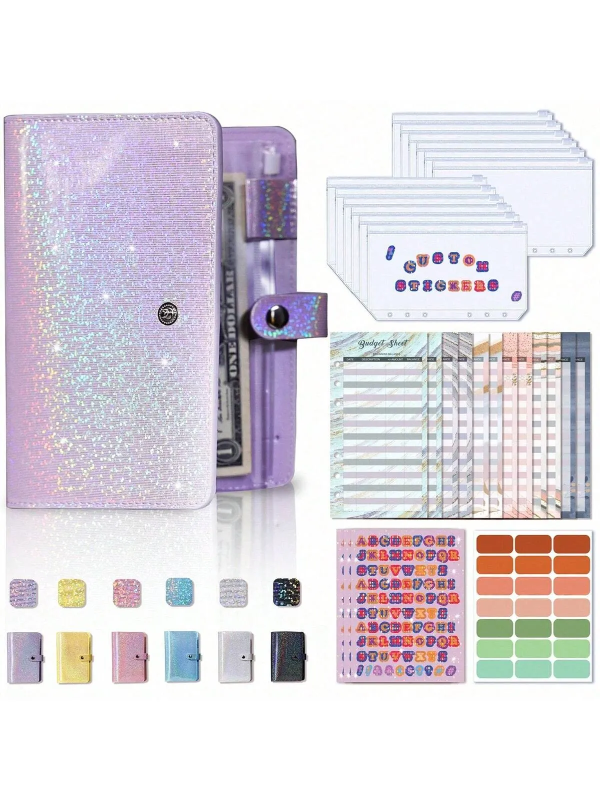 A6 Budget Binder Notebook Cash Envelopes Set With Binder Pockets For Money Budget Saving Bill Organizer Envelope Wallet Budgeting Black/Purple/Pink/Blue Binder Cover