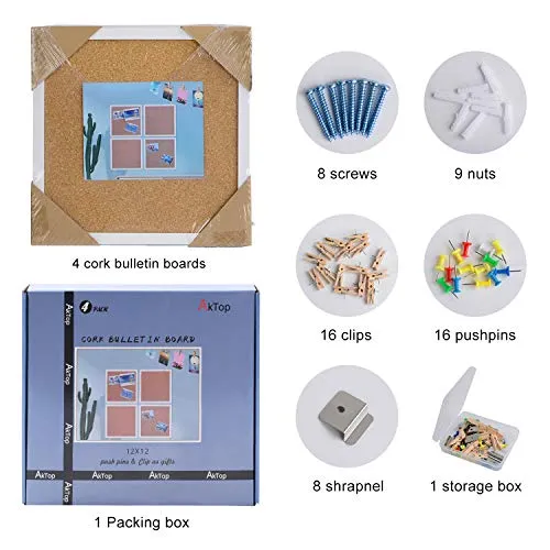 AkTop Cork Board Bulletin Board 12x12, White Framed Corkboard 4 Pack, Small Square Pin Board for Wall, Mini Thick Cork Tiles with 16 Push Pin Wood Clips for School, Home & Office