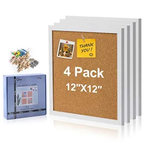AkTop Cork Board Bulletin Board 12x12, White Framed Corkboard 4 Pack, Small Square Pin Board for Wall, Mini Thick Cork Tiles with 16 Push Pin Wood Clips for School, Home & Office