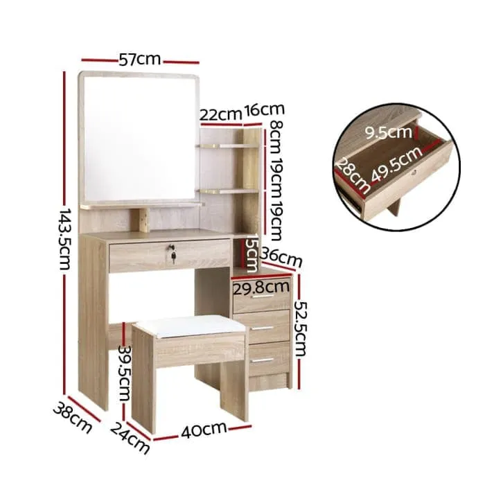 Artiss Oak Dressing Table Mirror Stool Set & Vanity Makeup Desk Organizer