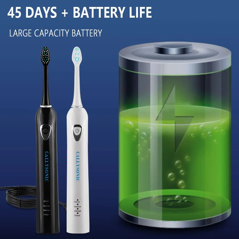CALLYSONIC Sonic Electric Toothbrush for Adult, 2 Pack Rechargeable Tooth Brush, 3 Modes, Smart Timers, One Charge for 60 Days, Electric Toothbrush Set with 8 Brush Heads, 48,000 VPM