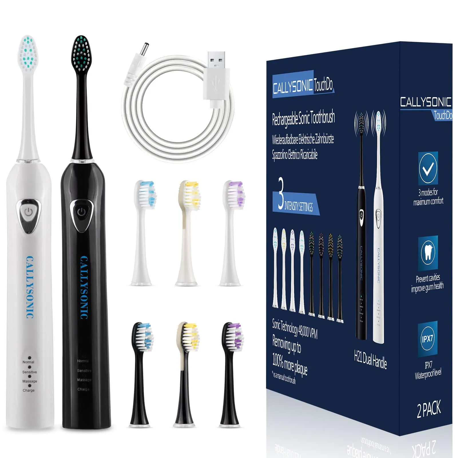 CALLYSONIC Sonic Electric Toothbrush for Adult, 2 Pack Rechargeable Tooth Brush, 3 Modes, Smart Timers, One Charge for 60 Days, Electric Toothbrush Set with 8 Brush Heads, 48,000 VPM