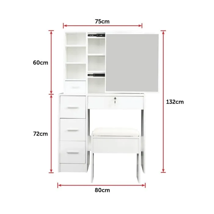 Dressing Table Stool Mirror Jewellery Cabinet Makeup Storage Drawer White