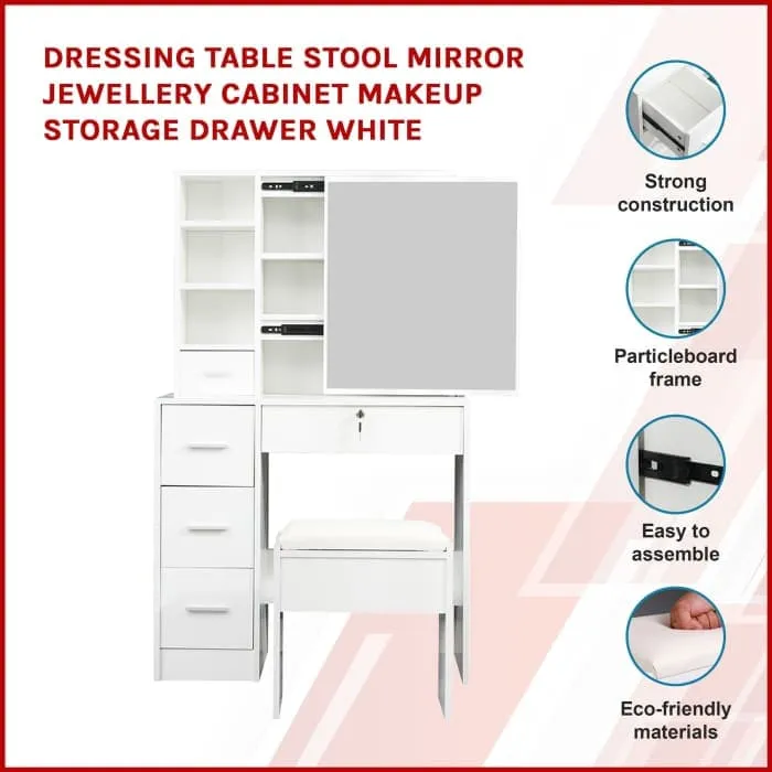 Dressing Table Stool Mirror Jewellery Cabinet Makeup Storage Drawer White