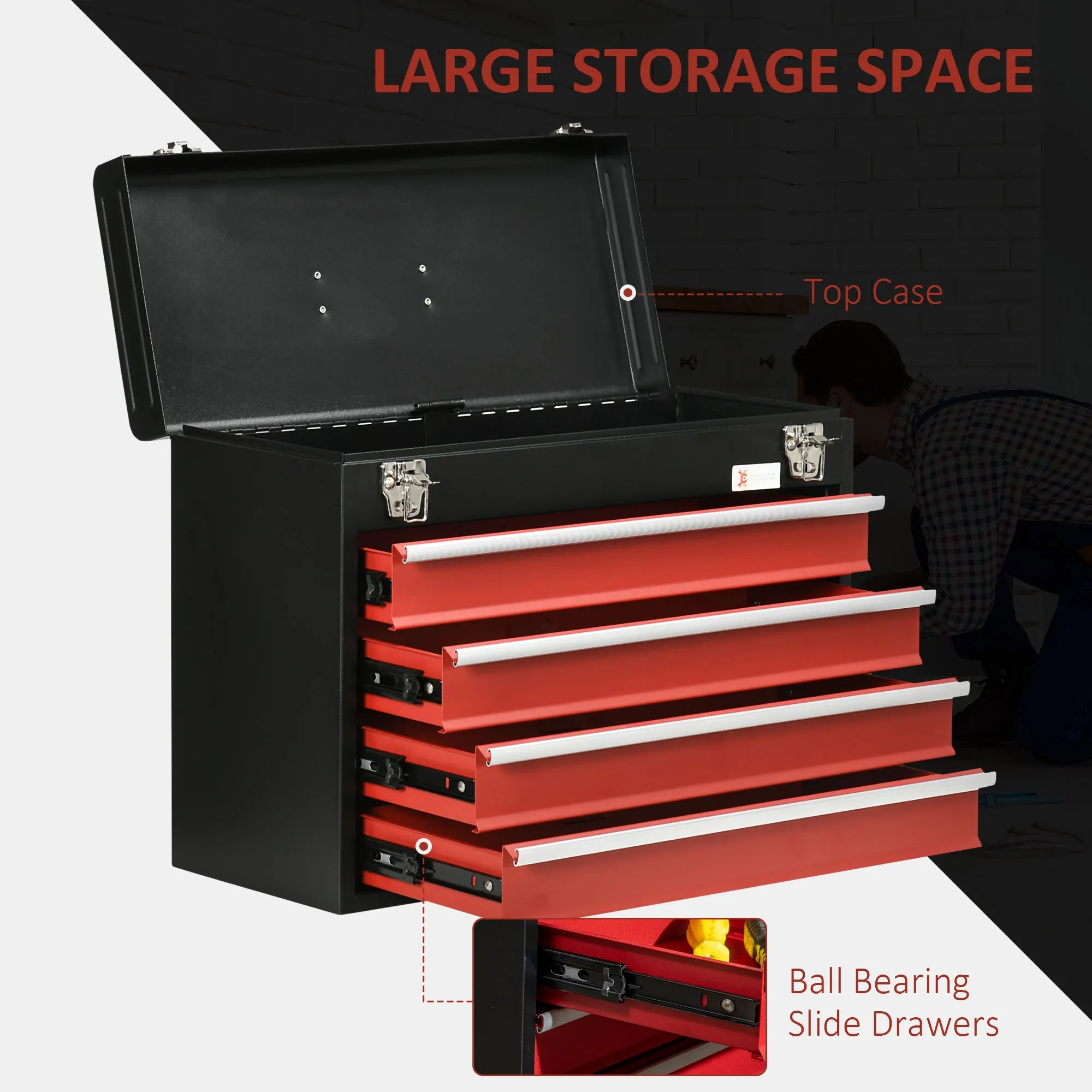 DURHAND Lockable 4 Drawer Tool Chest w/ Ball Bearing Slide Drawer 51cmx22cmx40cm