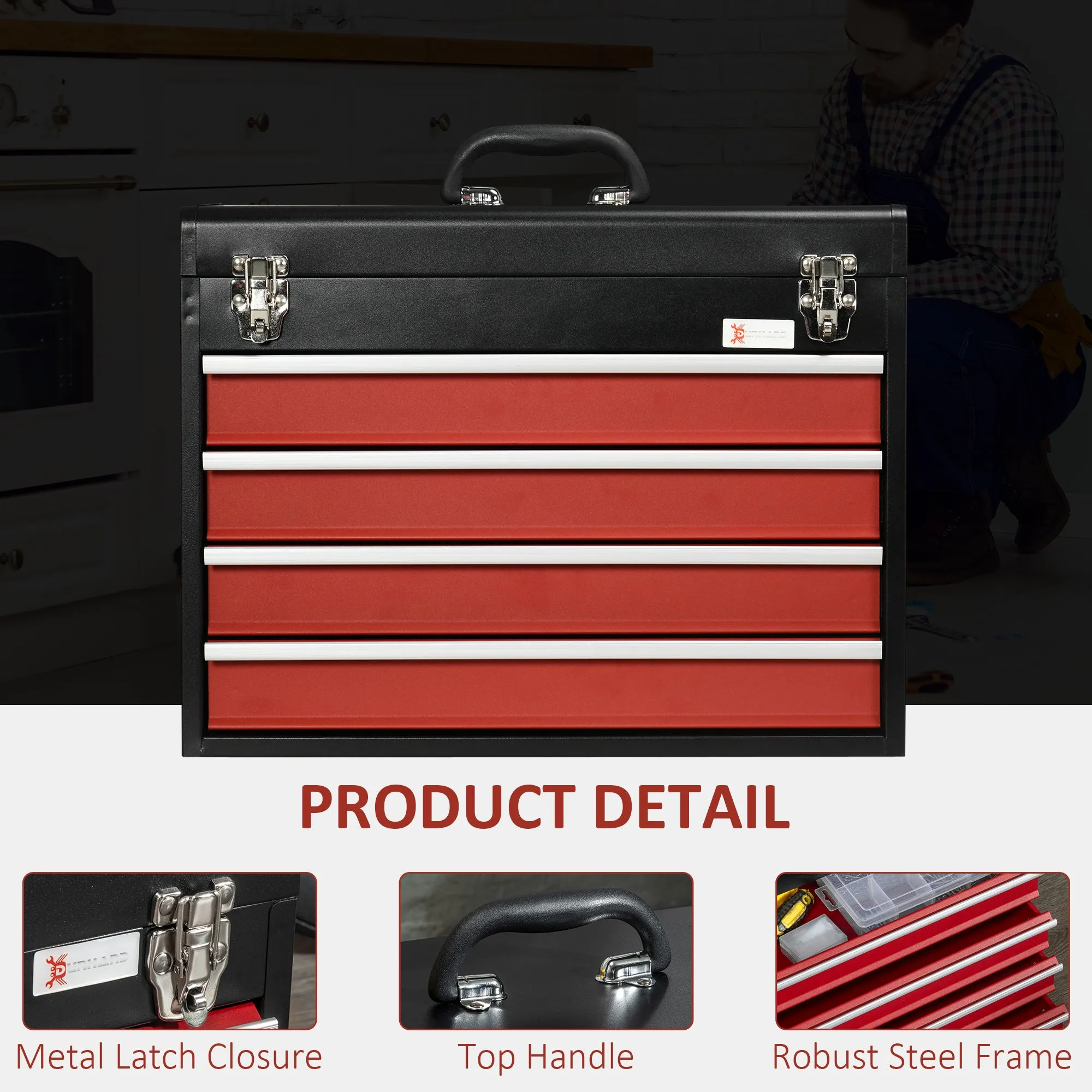 DURHAND Lockable 4 Drawer Tool Chest w/ Ball Bearing Slide Drawer 51cmx22cmx40cm