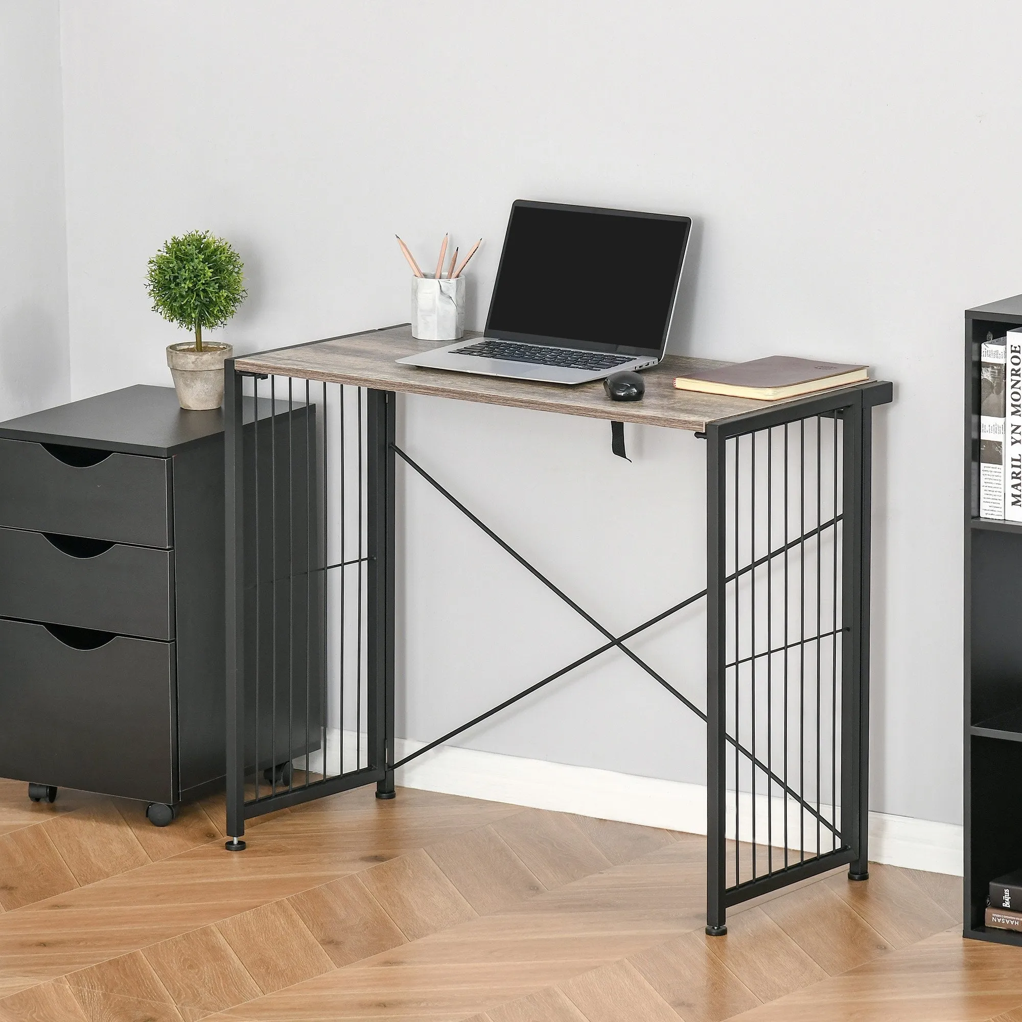 Folding Computer Desk Writing Study Table Industrial Home Office Workstation, 90 x 45 x 74cm, Rustic Brown Workstation