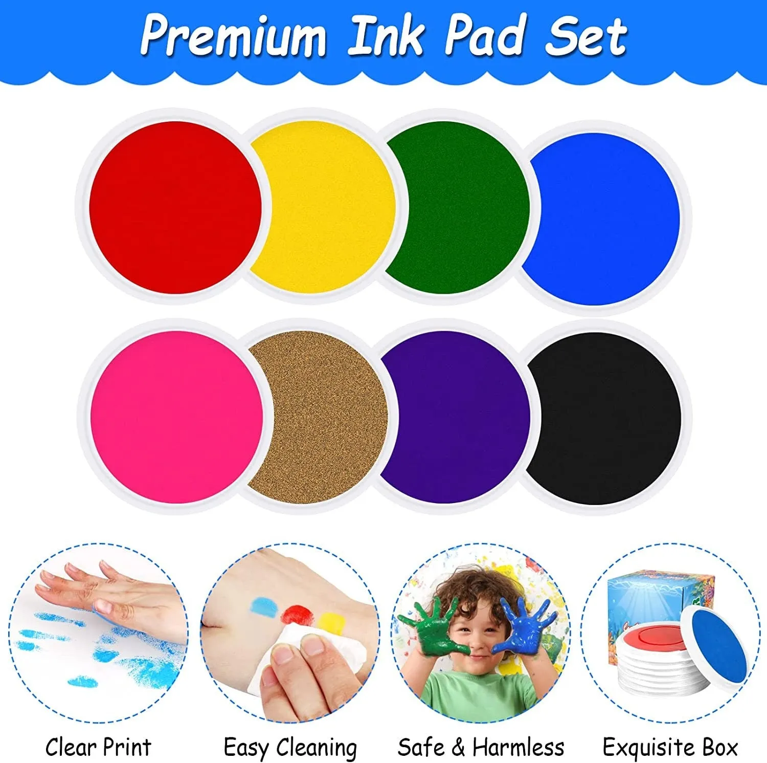 Fstaor 8 Pack 7" Large Ink Pad for Rubber Stamp Partner DIY Color, Rainbow Finger Ink Pad for Kids Washable