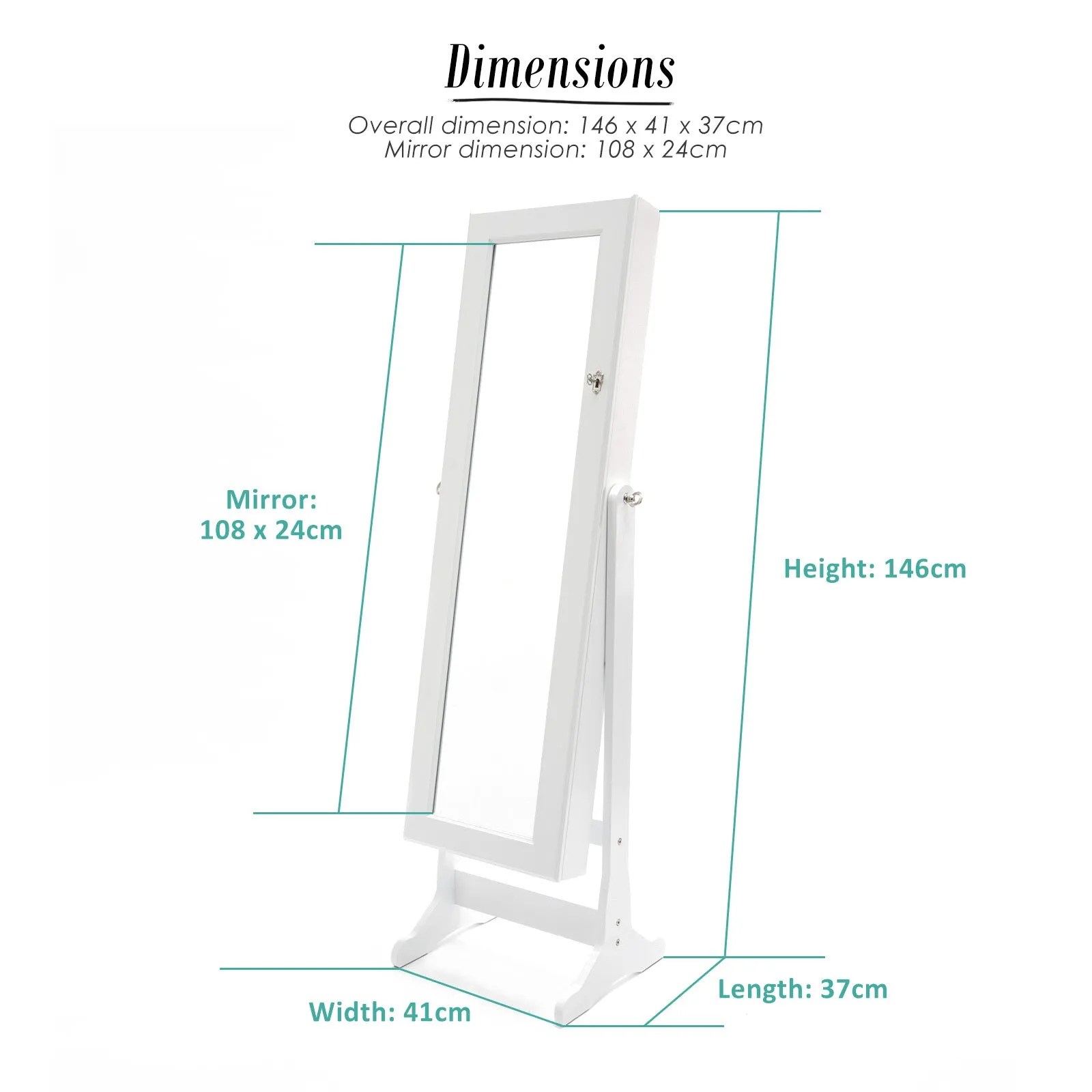 Full-Length Mirror Jewellery Cabinet, 2 Drawers, Lockable - La Bella