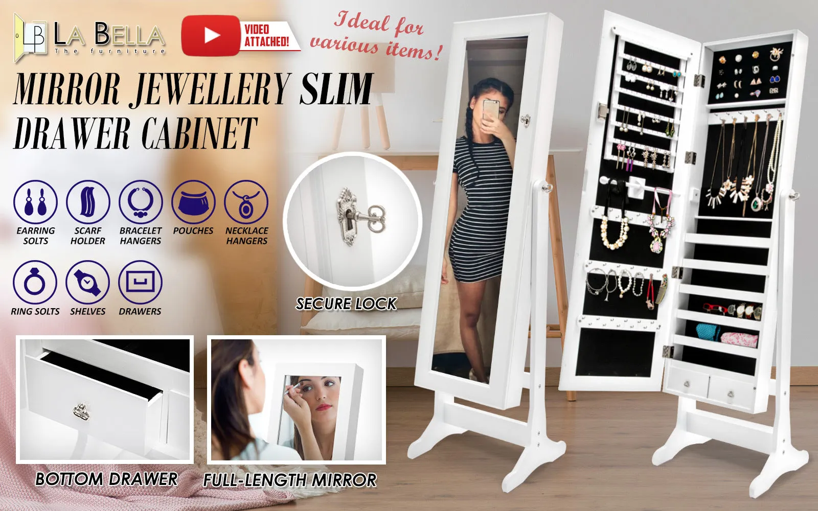 Full-Length Mirror Jewellery Cabinet, 2 Drawers, Lockable - La Bella