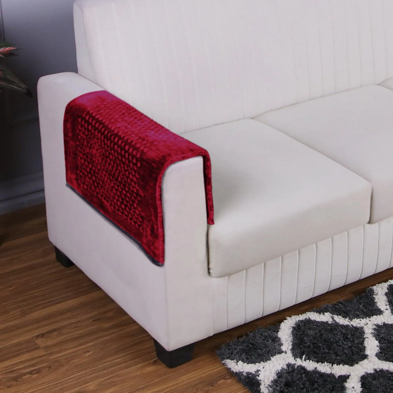 HOKIPO 2 Pcs Handloom Thick Poly Velvet Reversible Sofa Armrest Cover, Maroon