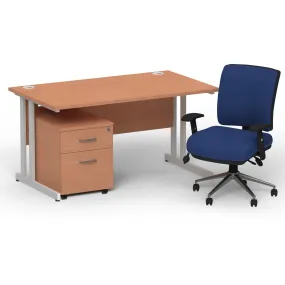 Impulse 1400mm Cantilever Desk & Mobile Pedestal with Chiro Medium Back Blue Chair - 5-Year Furniture Guarantee, 2-Year Seating Guarantee