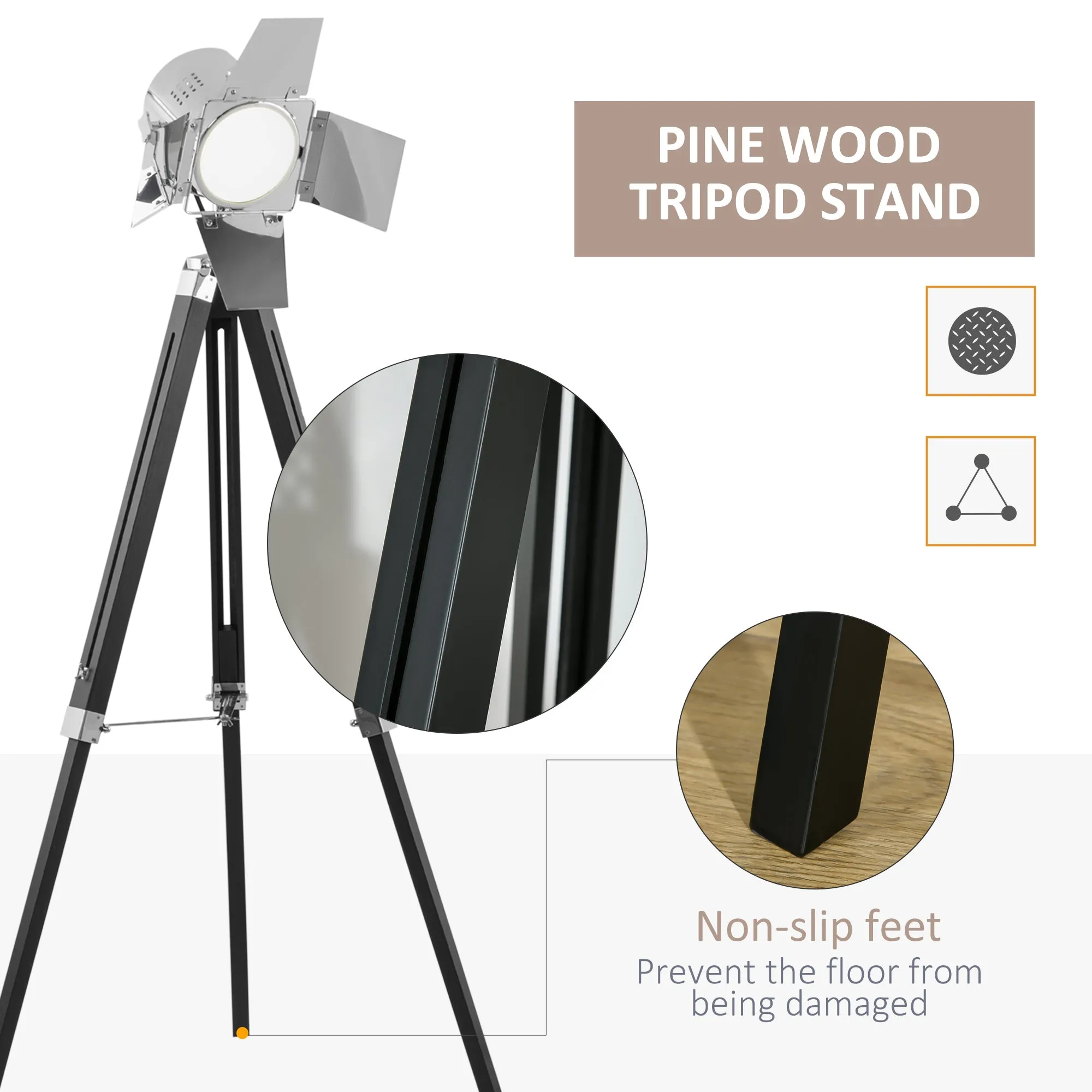 Industrial Tripod Floor Lamp, Nautical Cinema Standing Spotwith Wood Legs and Adjustable Height for Living, Bedroom, Black and Silver