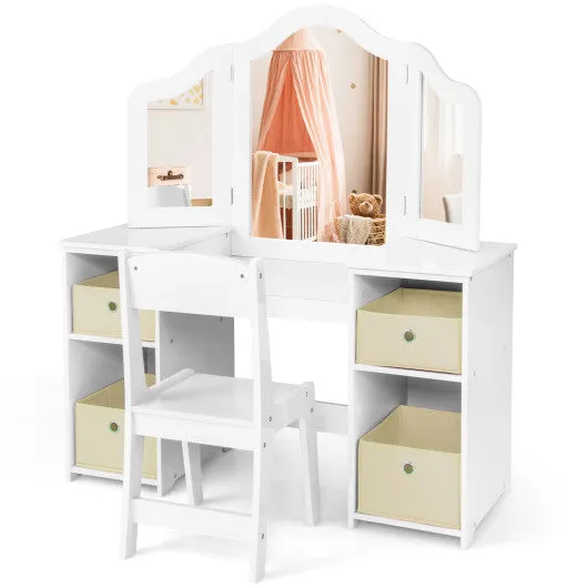 Kids Vanity Table and Chair Set with Removable Mirrors and 4 Storage Bins-Pink