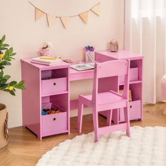 Kids Vanity Table and Chair Set with Removable Mirrors and 4 Storage Bins-Pink