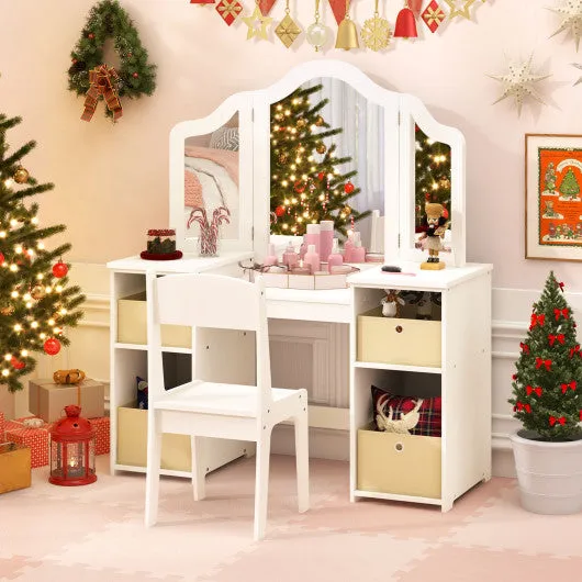 Kids Vanity Table and Chair Set with Removable Mirrors and 4 Storage Bins-Pink