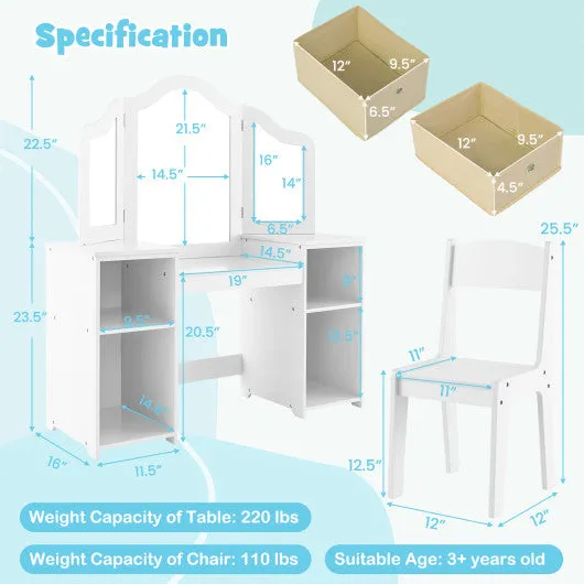 Kids Vanity Table and Chair Set with Removable Mirrors and 4 Storage Bins-Pink