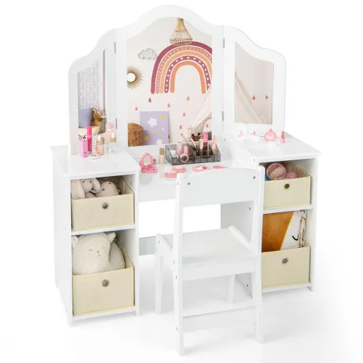Kids Vanity Table and Chair Set with Removable Mirrors and 4 Storage Bins-Pink