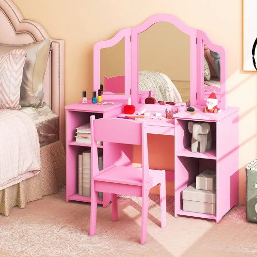 Kids Vanity Table and Chair Set with Removable Tri-Folding Mirror-White