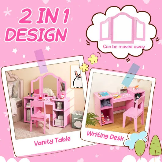 Kids Vanity Table and Chair Set with Removable Tri-Folding Mirror-White