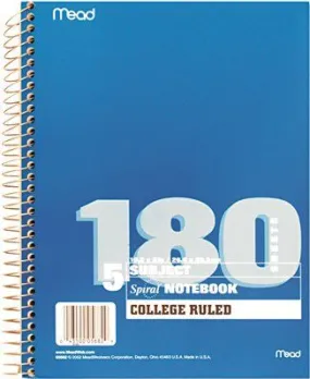 Mead Spiral Bound Notebook' College Rule' 8 X 10-1/2' White' 180 Sheets/Pad
