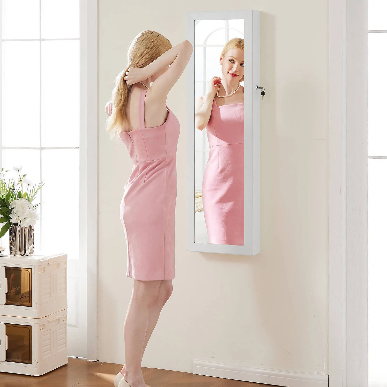 Mirror Jewelry Cabinet, Lockable Hanging Jewelry Cabinet, Mirror, Two Drawers, Jewelry And Cosmetics Storage Box,