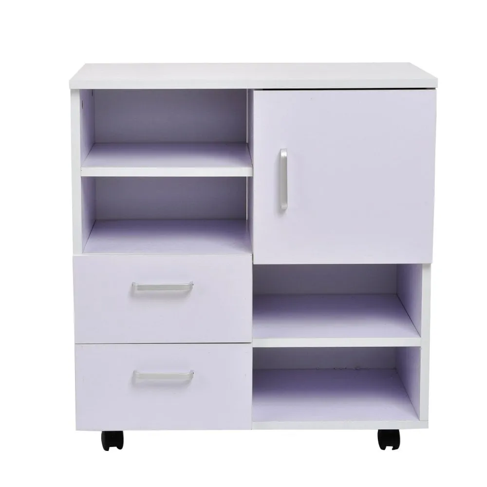 Mobile Storage Cabinet Sideboard Cupboard with Drawers 4 Shelves Lockable Wheels White