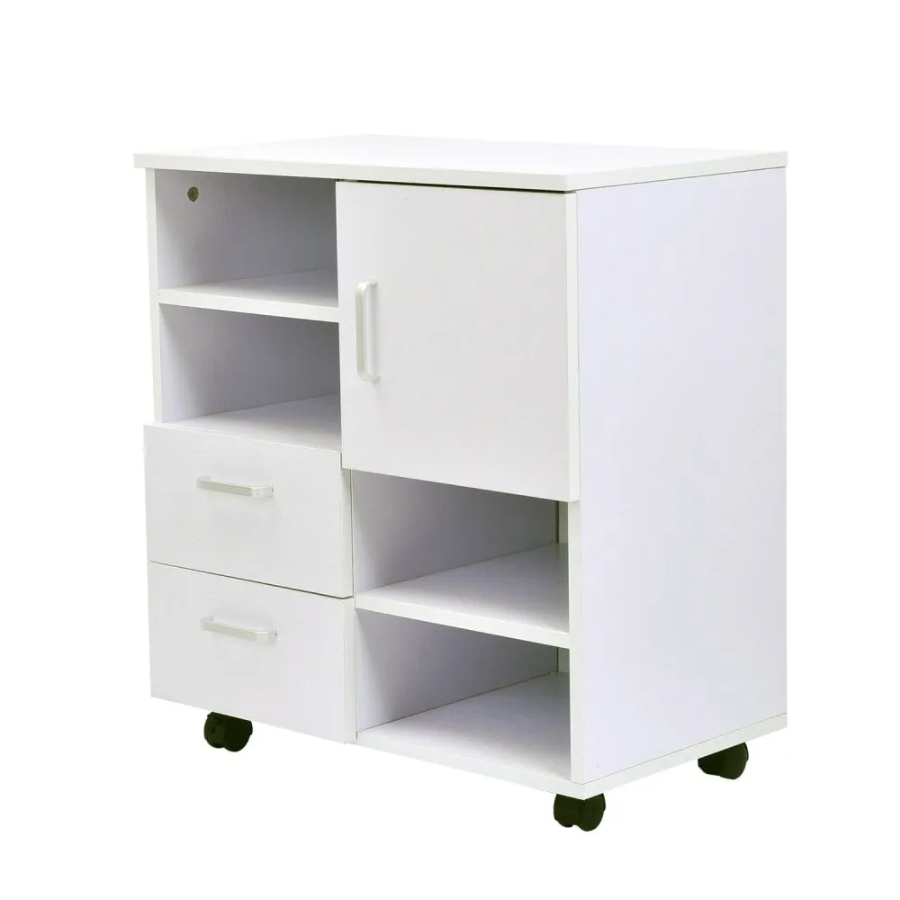 Mobile Storage Cabinet Sideboard Cupboard with Drawers 4 Shelves Lockable Wheels White