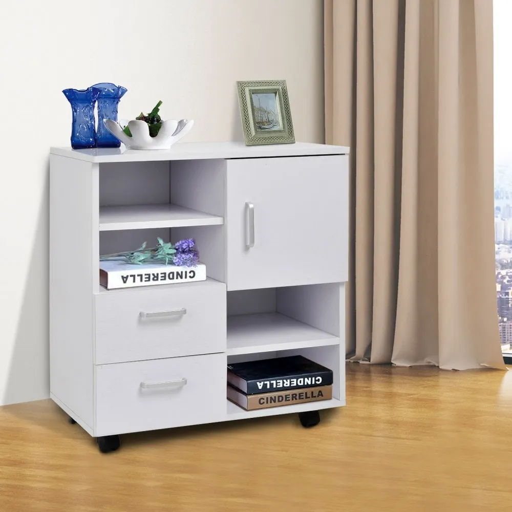 Mobile Storage Cabinet Sideboard Cupboard with Drawers 4 Shelves Lockable Wheels White