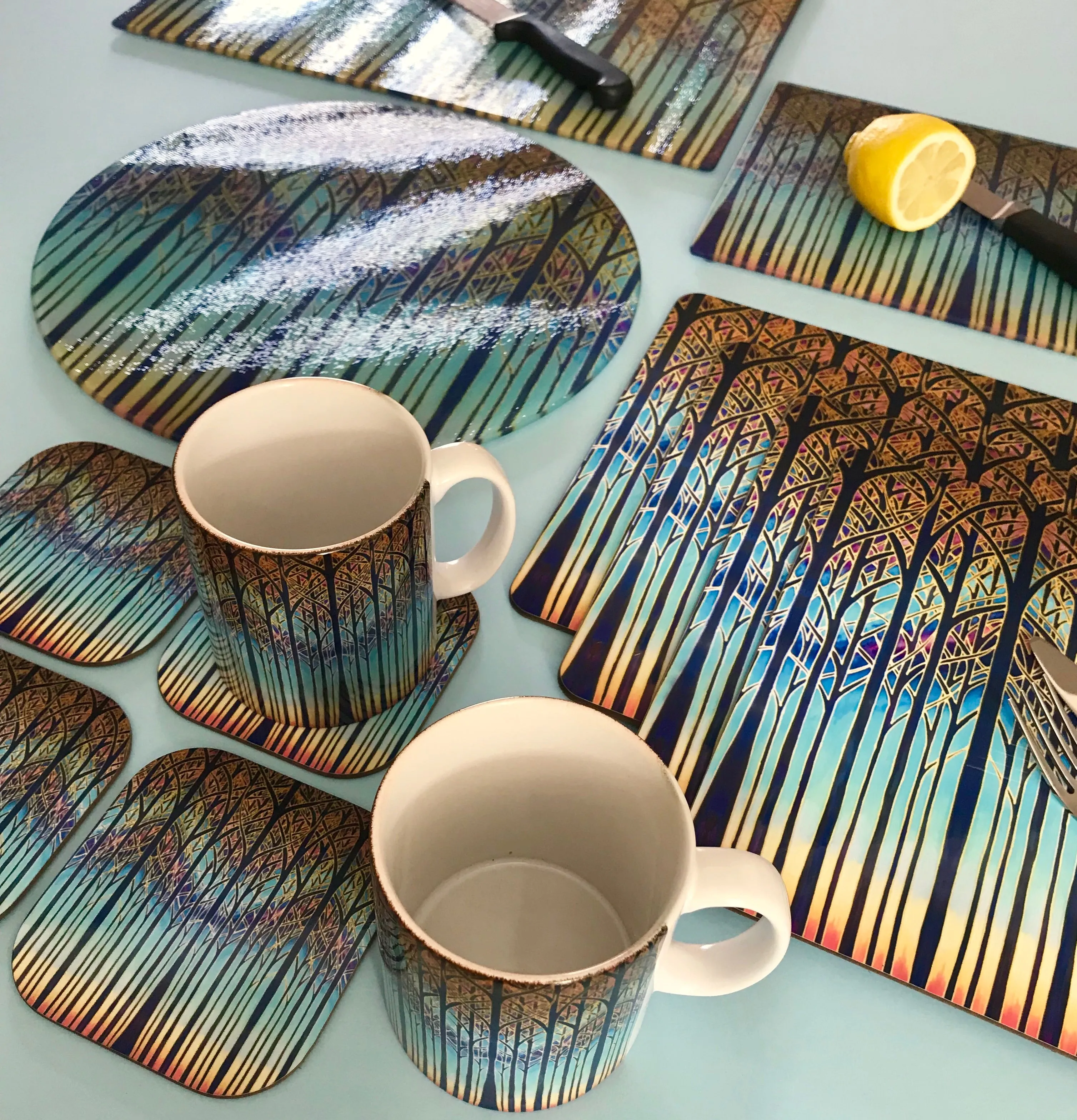 Multi Coloured Sunset Cathedral Trees Glass Chopping Boards - Table Mats - Tall Trees Place Mats