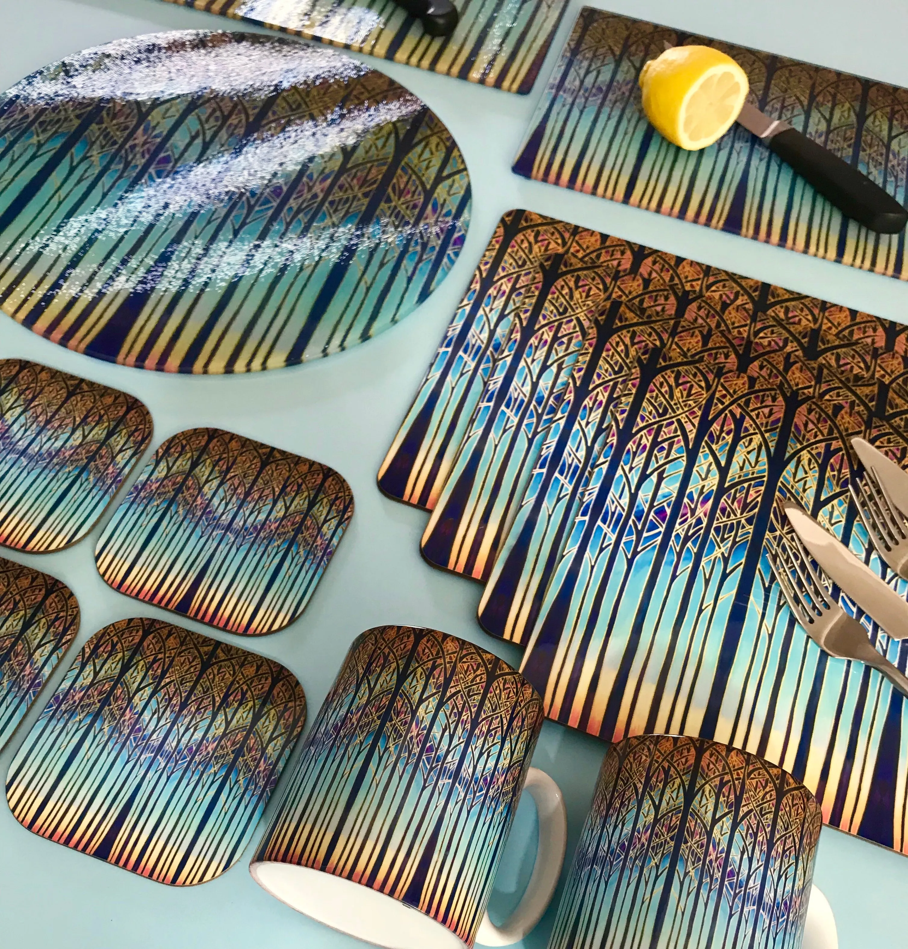 Multi Coloured Sunset Cathedral Trees Glass Chopping Boards - Table Mats - Tall Trees Place Mats