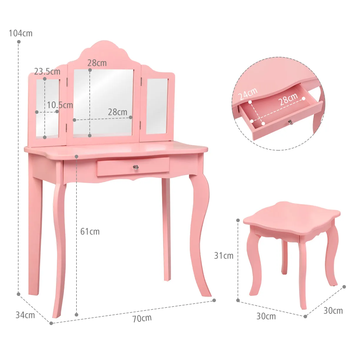 NNECW Kids Dressing Table Set with Stool &amp Mirror for Children Ages 3-7-Pink
