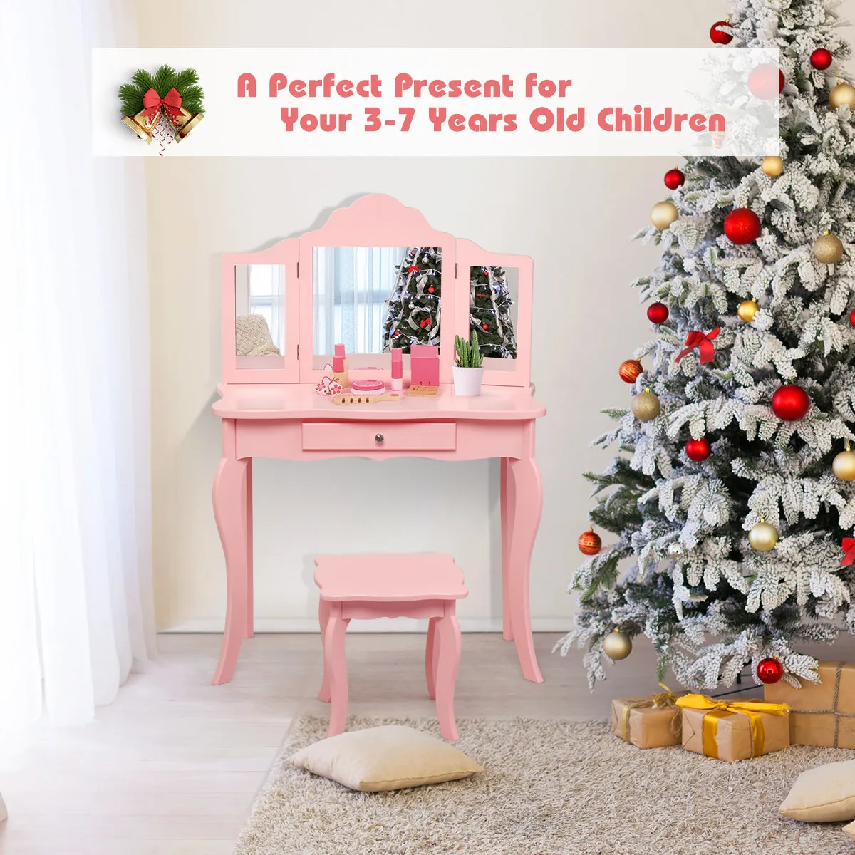 NNECW Kids Dressing Table Set with Stool &amp Mirror for Children Ages 3-7-Pink