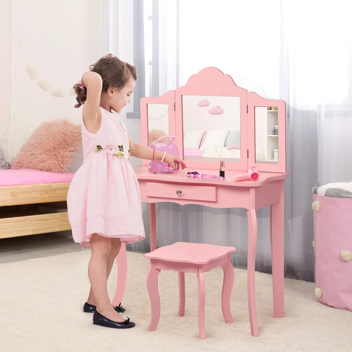 NNECW Kids Dressing Table Set with Stool &amp Mirror for Children Ages 3-7-Pink