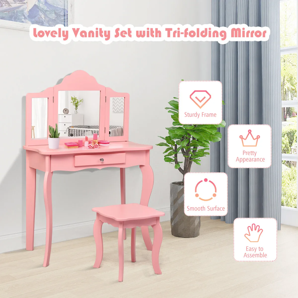 NNECW Kids Dressing Table Set with Stool &amp Mirror for Children Ages 3-7-Pink