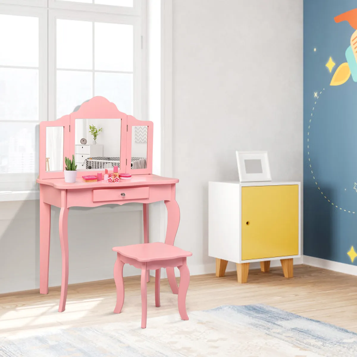 NNECW Kids Dressing Table Set with Stool &amp Mirror for Children Ages 3-7-Pink