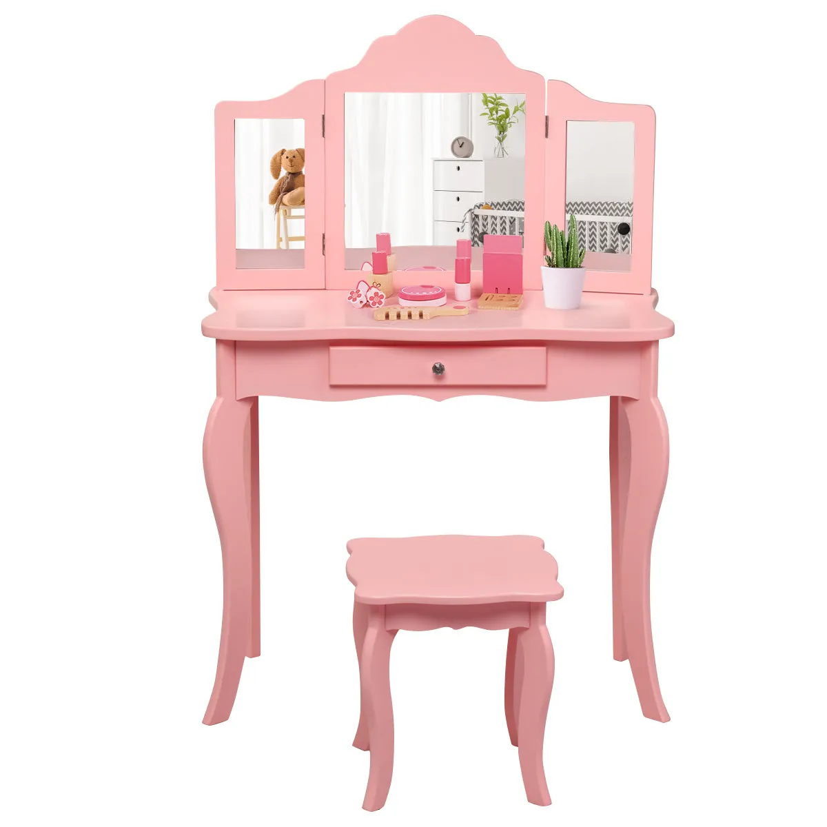 NNECW Kids Dressing Table Set with Stool &amp Mirror for Children Ages 3-7-Pink