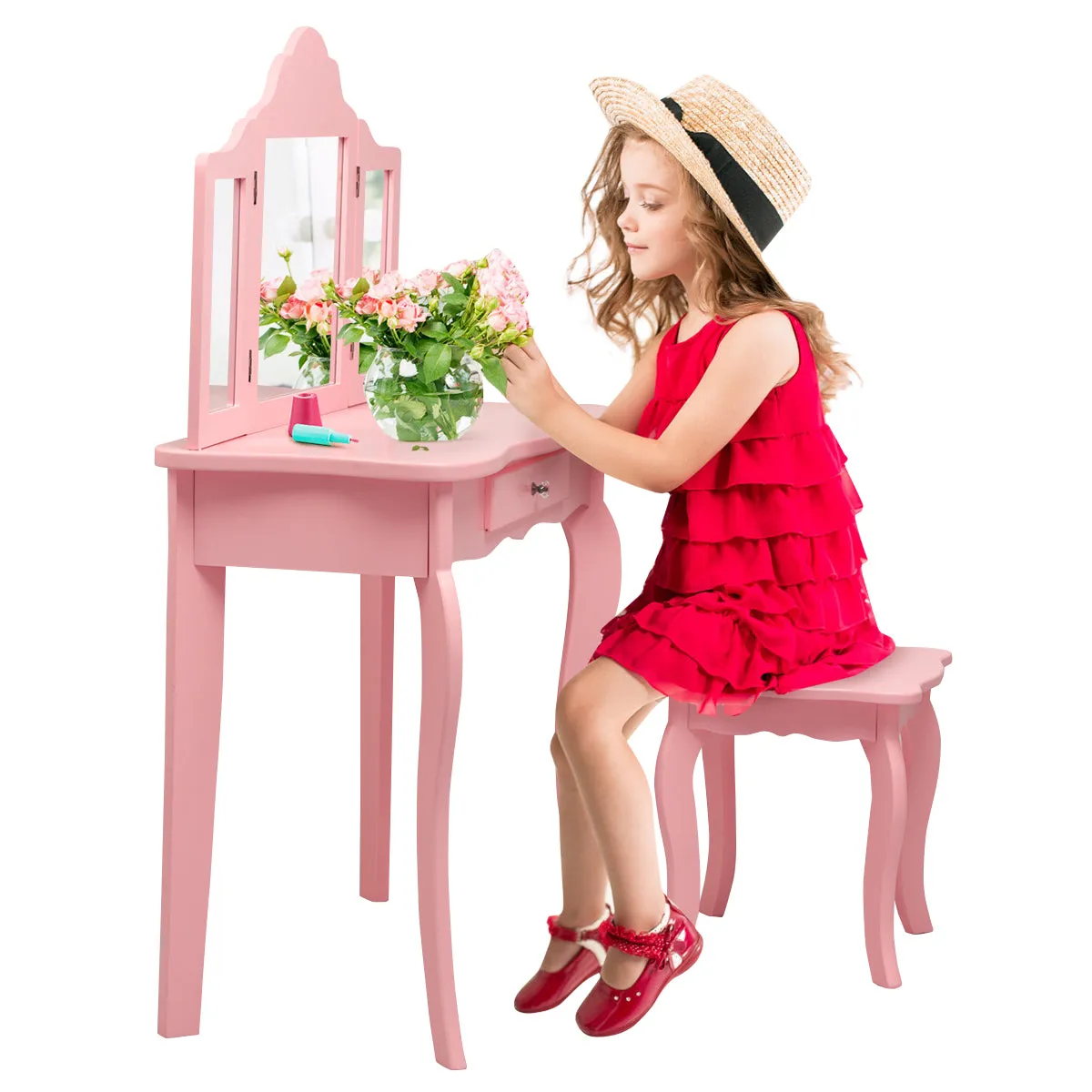 NNECW Kids Dressing Table Set with Stool &amp Mirror for Children Ages 3-7-Pink