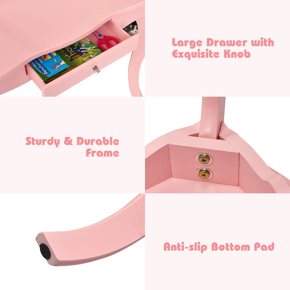 NNECW Kids Dressing Table Set with Stool &amp Mirror for Children Ages 3-7-Pink