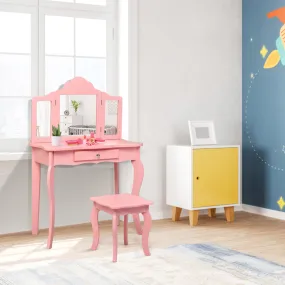 NNECW Kids Dressing Table Set with Stool &amp Mirror for Children Ages 3-7-Pink