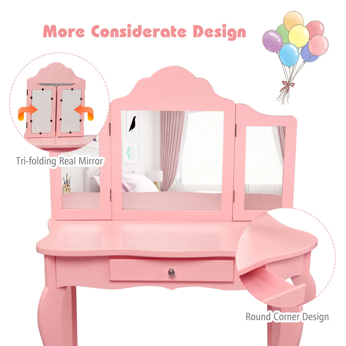 NNECW Kids Dressing Table Set with Stool &amp Mirror for Children Ages 3-7-Pink