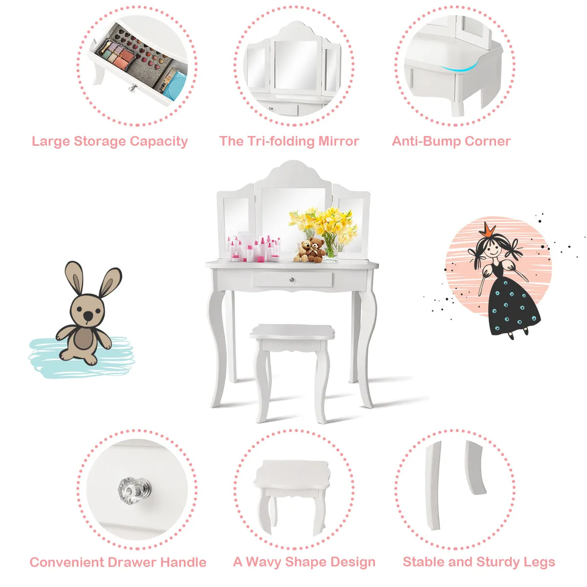 NNECW Kids Dressing Table Set with Stool &amp Mirror for Children Ages 3-7-White