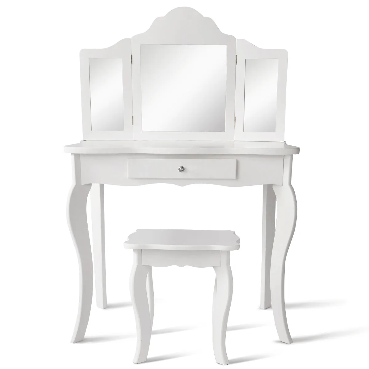 NNECW Kids Dressing Table Set with Stool &amp Mirror for Children Ages 3-7-White