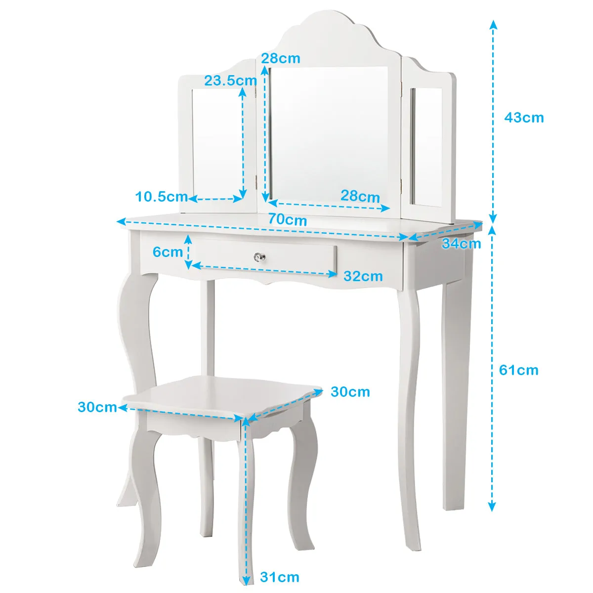 NNECW Kids Dressing Table Set with Stool &amp Mirror for Children Ages 3-7-White